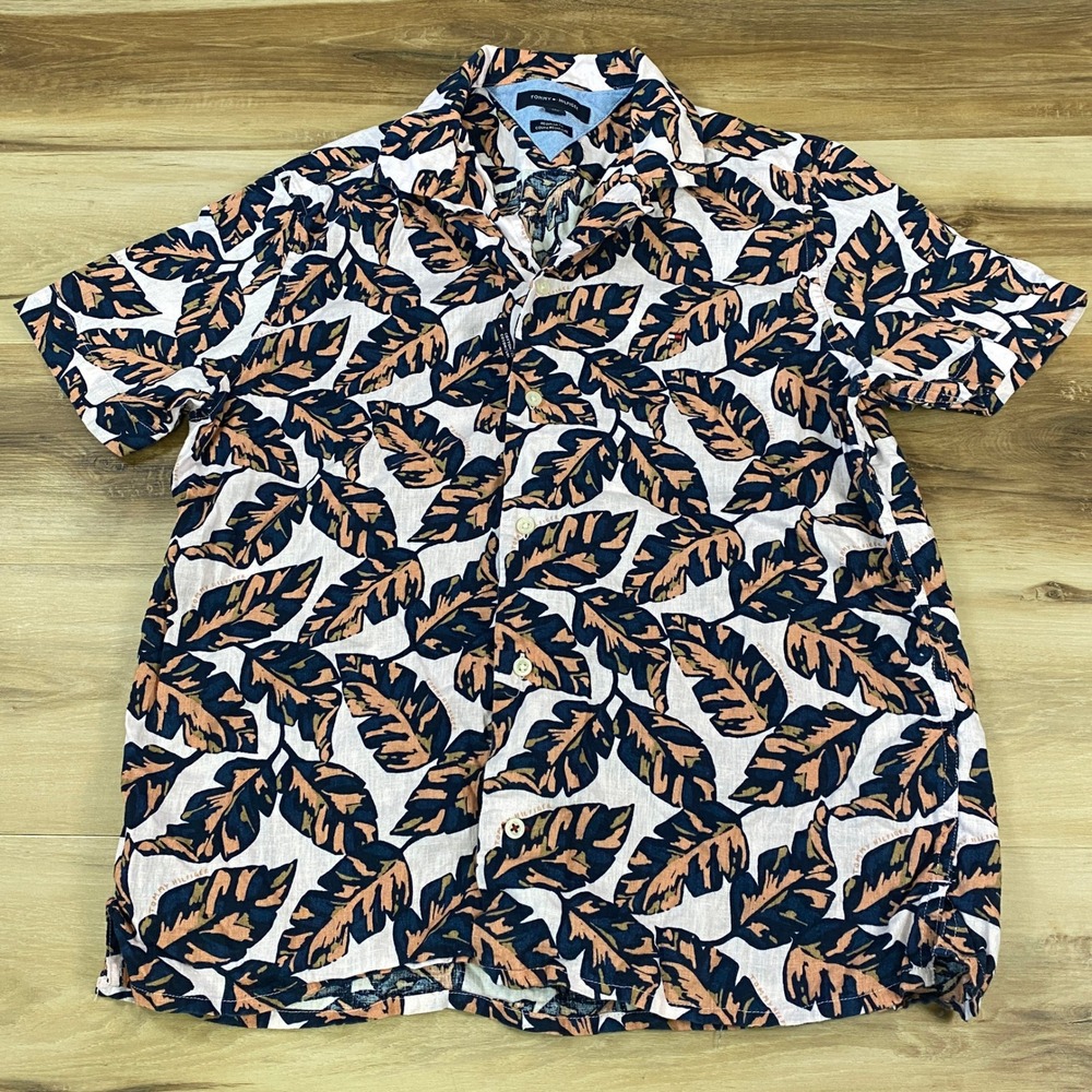 Tommy Hilfiger Mens Leaf Print Linen Blend Short Sleeve Resort Shirt‎ Medium